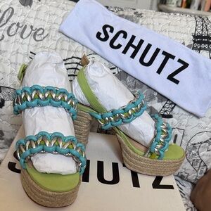 SCHUTZ Lime and Aqua Braided Platform Sandals
